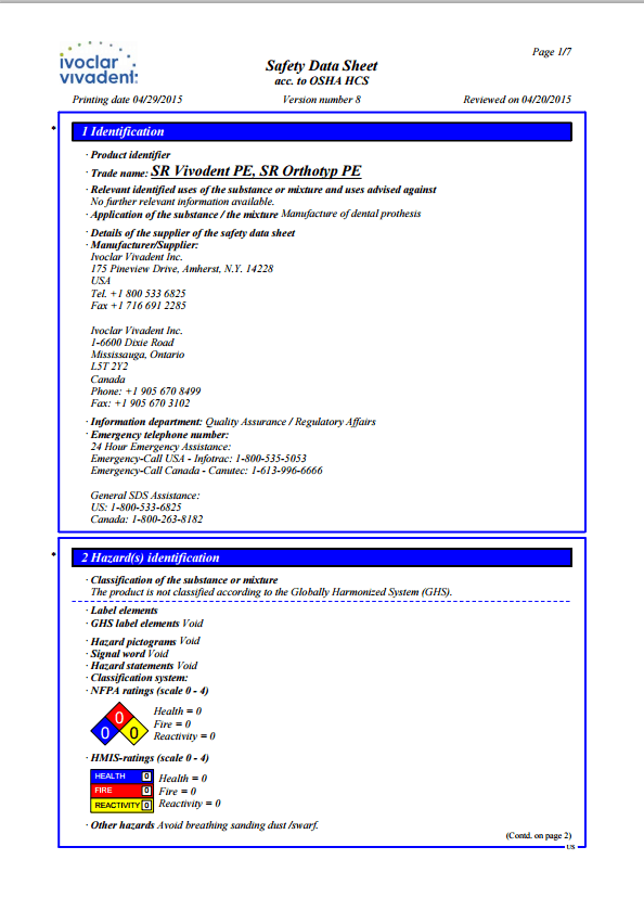 SR Vivodent PE MSDS RDL A Full Service Dental Lab
