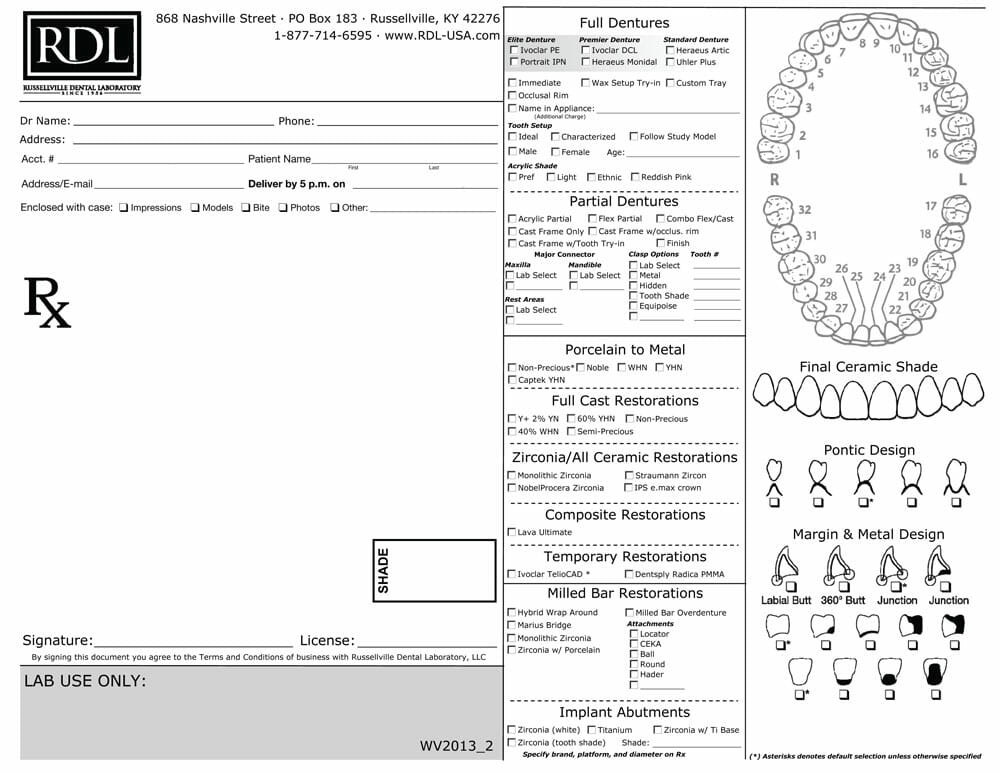 RDL General Lab Prescription RDL Full Service Dental Laboratory